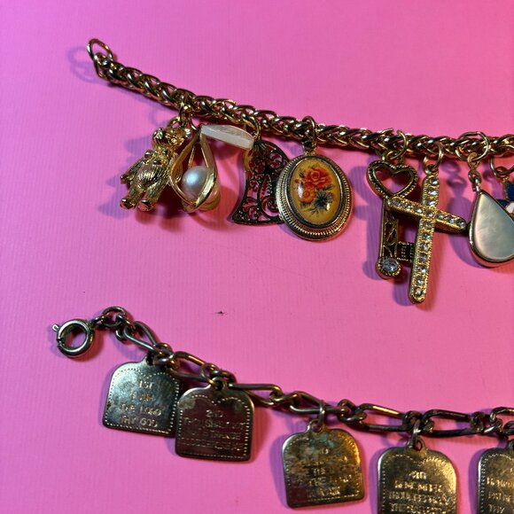 2 Religious Catholic Christian Charms Bracelets 10 commandments Cross Heart - Picture 4 of 6